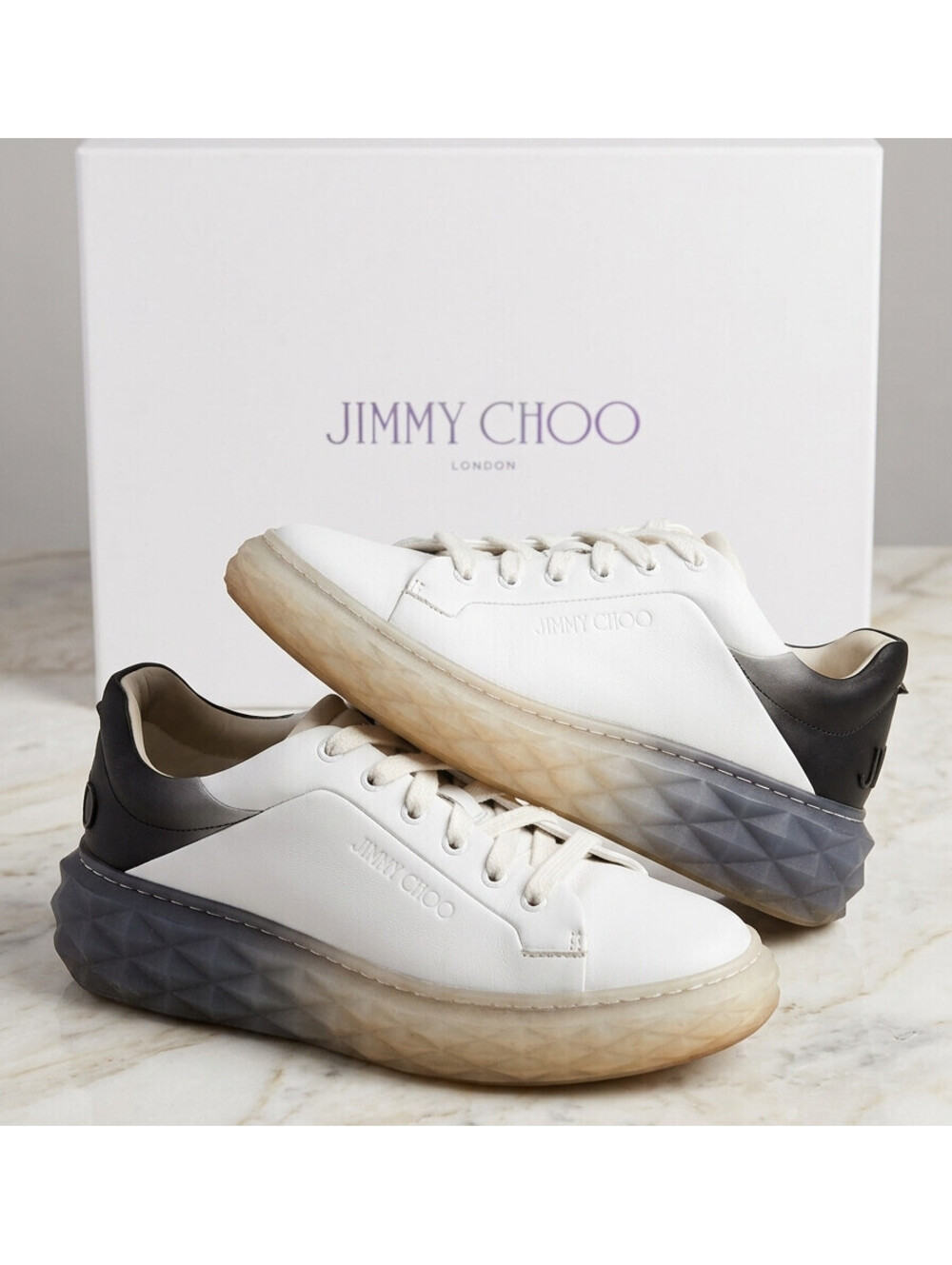 Jimmy Choo Diamond Maxi/F II White Black Degrade Leather Sneakers Size 37 Box